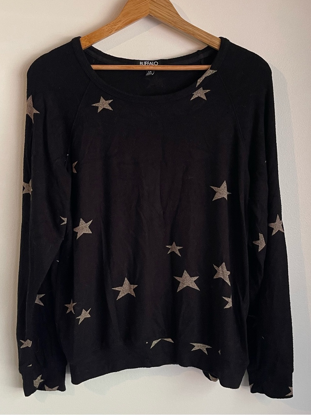 Buffalo David Bitton Star Print Pullover Top Black Gold Large Crewneck Celestial